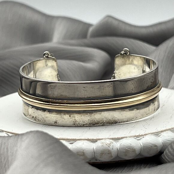 Retired James Avery Sterling Silver and 14k Gold Camino Rare Cuff Bracelet - Picture 1 of 10